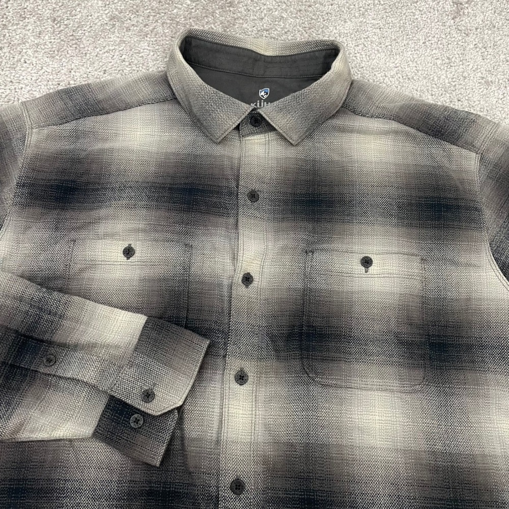Kuhl Shirt Mens XL Flannel Grey Black Ombre Plaid Button Down Mountain Classic